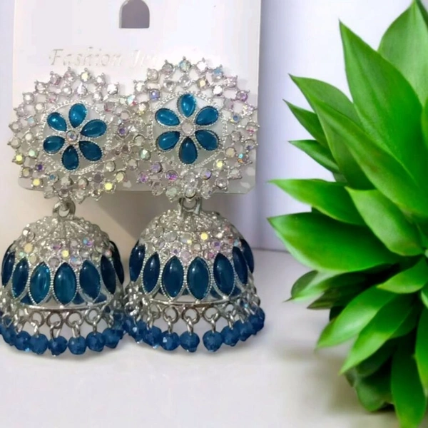 Skb Traditional Jhumka Earrings with Blue Crystal Flower Design, Silver-Toned, Crystal-Studded