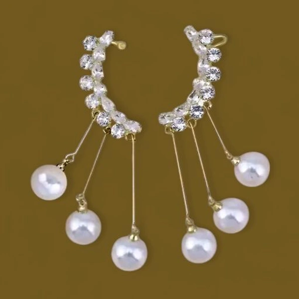 Skb Traditional White Pearl Drop Earrings, Antique Gold Finish, Chandelier Style with Beaded Strings