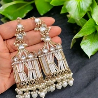 Skb Traditional White Pearl Drop Earrings, Antique Gold Finish, Chandelier Style with Beaded Strings
