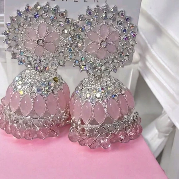 Skb Crystal Floral Jhumka Earrings, Pink and Silver, Traditional Indian Style with Rhinestone Embellishments