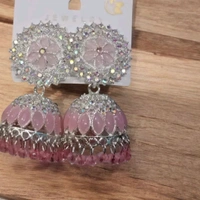 Skb Crystal Floral Jhumka Earrings, Pink and Silver, Traditional Indian Style with Rhinestone Embellishments