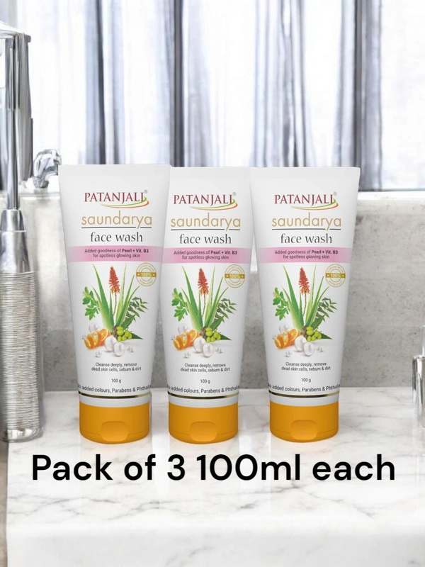 Patanjali  PATANJALI SAUNDARYA FACE WASH Added Goodness Of Pearl + Vit .B3 Cleanse Deeply Pack Of 3