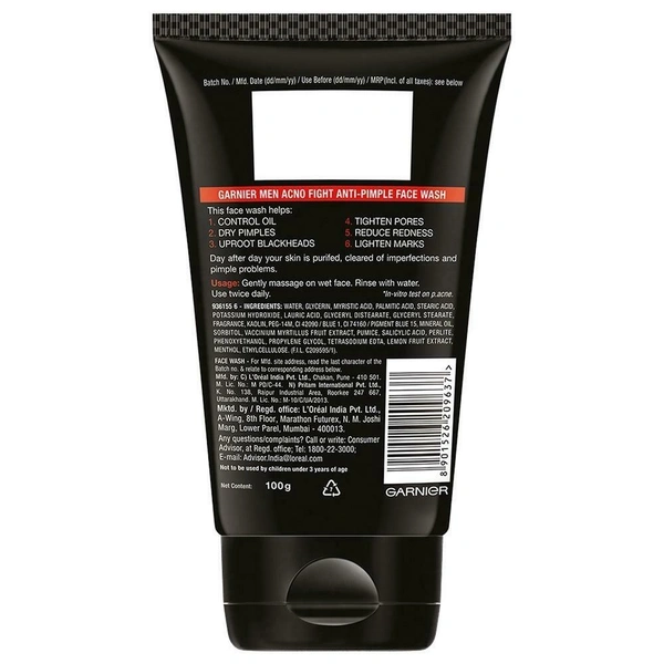 Garnier Men Acno Fight Anti-Pimple Face Wash 100 g - Storm Gray, Garnier Face Wash 100 Gram