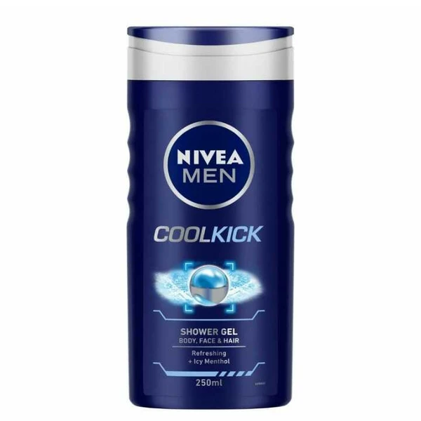 NIVEA Men Body Wash, Cool Kick with Refreshing Icy Menthol, Shower Gel for Body, Face & Hair, 250 ml