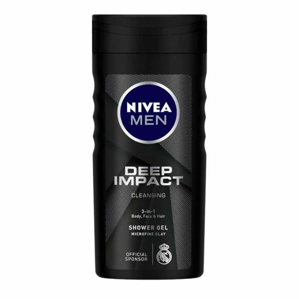 NIVEA Men Body Wash, Deep Impact, 3 in 1 Shower Gel for Body Wash NIVEA Men Body Wash, Deep Impact, 3 in 1 Shower Gel for Body, Face & Hair, with Microfine Clay, 250 ml