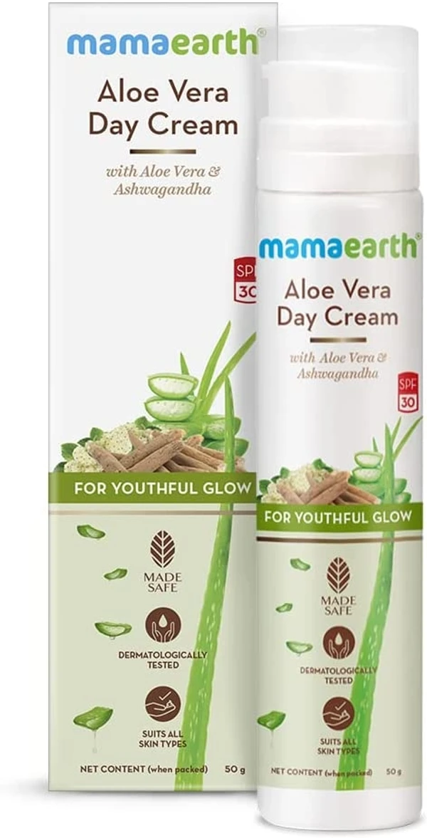 Mamaearth Aloe Vera Day Cream with SPF 30 with Aloe Vera & Ashwagandha for a Youthful Glow - 50 g