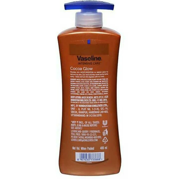 Vaseline coco Body Lotion 400ml Vaseline Intensive Care 24 hr nourishing Cocoa Glow Body Lotion with Cocoa And Shea Butter, Restores Glow for all skin type - 400 ml