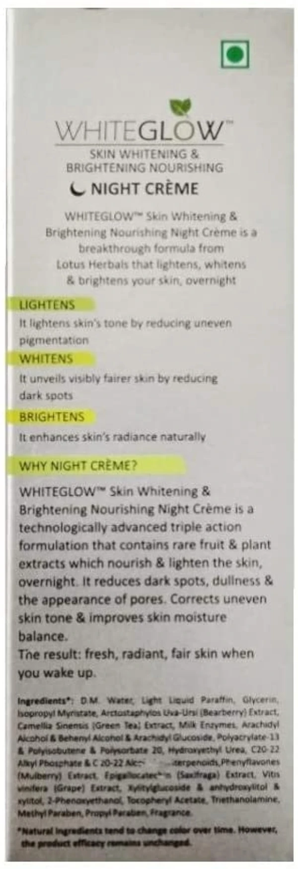 Lotus Herbals White Glow Skin Whitening and Brightening Nourishing Night Crème !20gm