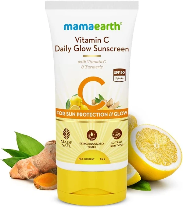 Mamaearth Daily Glow Sunscreen SPF 50 PA+++, No White Cast with Vitamin C & Turmeric for Sun Protection & Glow - 50 g