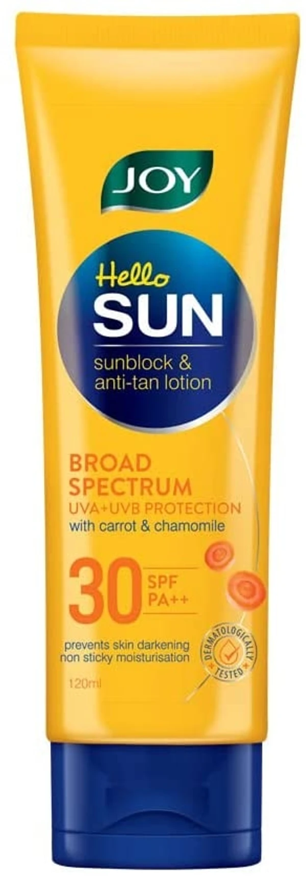 Joy Hello Sun Sunblock and Anti Tan Lotion with UVA + UVB protection, Sunscreen SPF 30 PA++ 120 ml