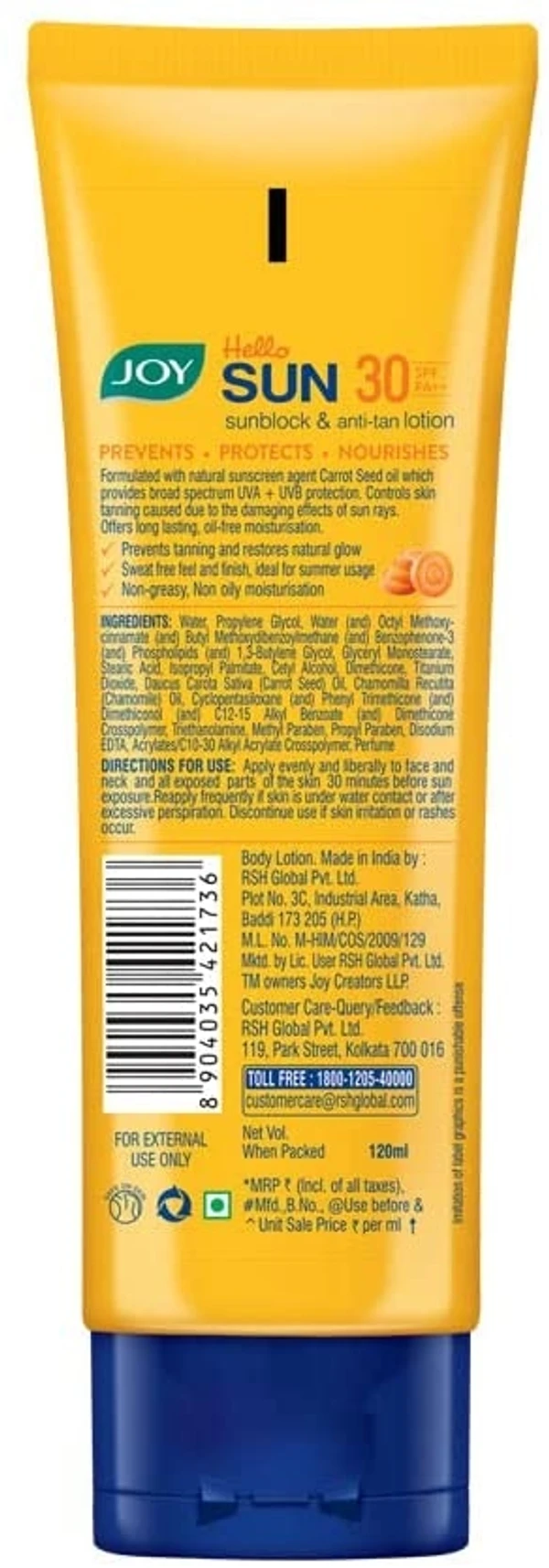 Joy Hello Sun Sunblock and Anti Tan Lotion with UVA + UVB protection, Sunscreen SPF 30 PA++ 120 ml