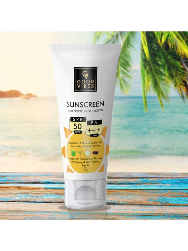 Good Vibes Wide Spectrum Spf 50 Good Vibes Wide Spectrum Protection Sunscreen With SPF 50 (50 g)| Sun Protection For All Skin Types | Lightweight, Non-Greasy, Anti-Ageing | With Aloe Vera | 50gm