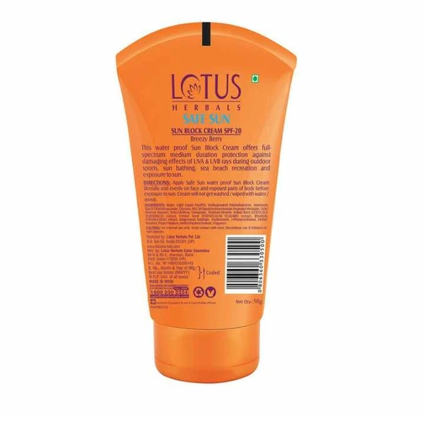 Lotus Safe Sun Sunblock Cream SPF 20 PA+, Sweat & Waterproof, Non-greasy Sunscreen, 50g