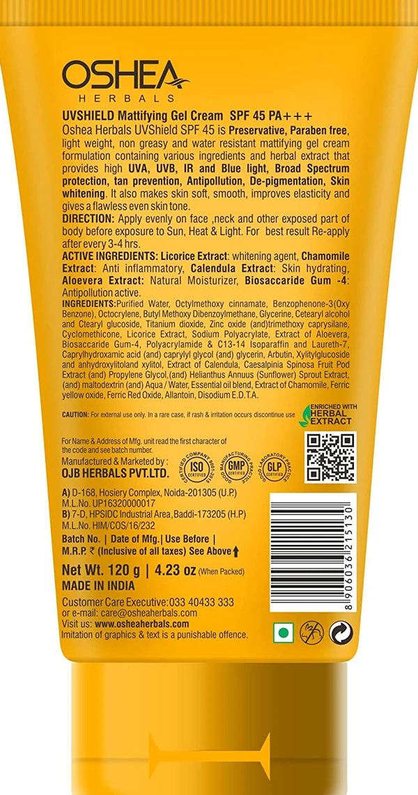 Oshea UVshield Mattifying Gel Cream Spf 45 Pa+++ I Enriched with Chamomile & Calendula Extract White I 120 g