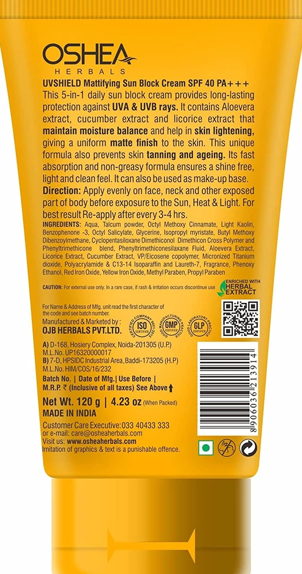 Oshea Herbals UVshield Mattifying Spf 40 Oshea Herbals UVshield Mattifying 5 in 1 Sun Block Cream | SPF 40 | Enriched with Cucumber & Licorice Extract (120 gm, Yellow)