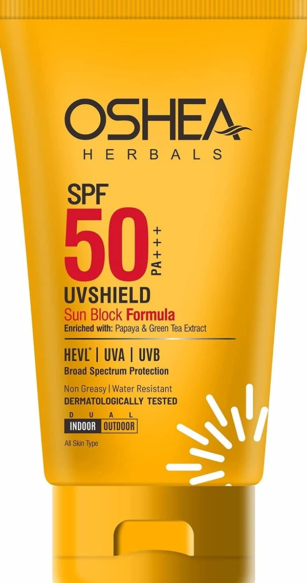 Oshea Herbals UVShield Sun Block Formula SPF 50 PA+++I Enriched with Papaya, Green tea extract I for sun protection I Water resistant (120GM)