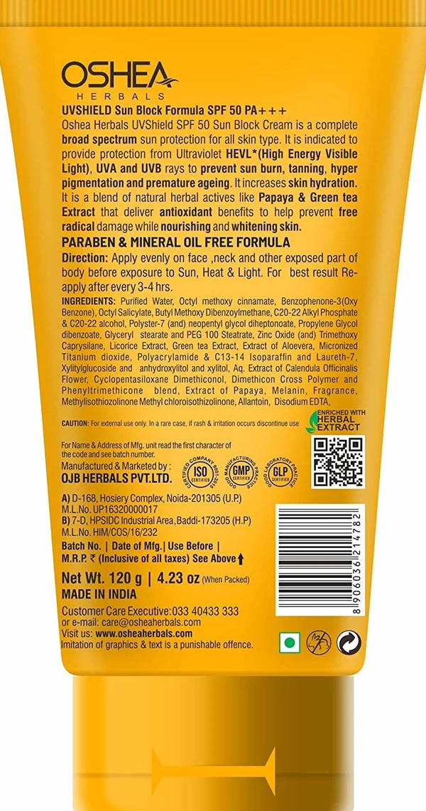 Oshea Herbals UVShield Sun Block Formula SPF 50 PA+++I Enriched with Papaya, Green tea extract I for sun protection I Water resistant (120GM)