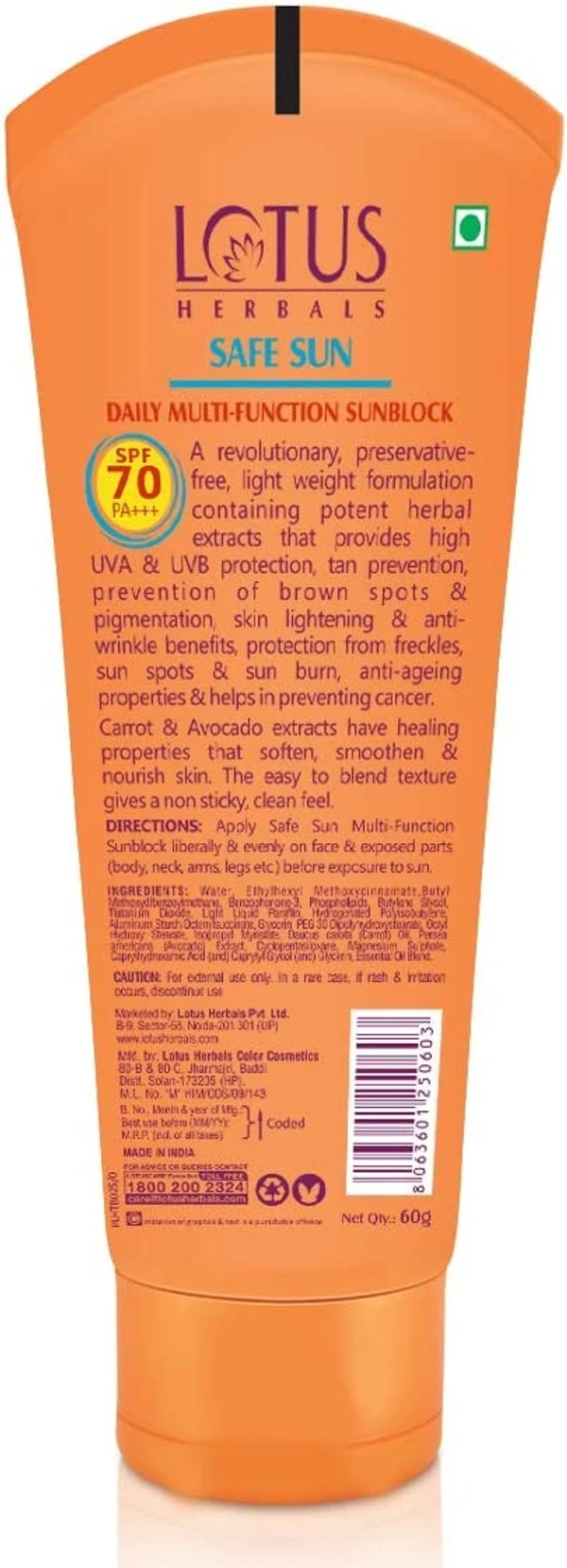Lotus Herbals Sunscreen SPF 70 PA+++ - 60 grams Cream