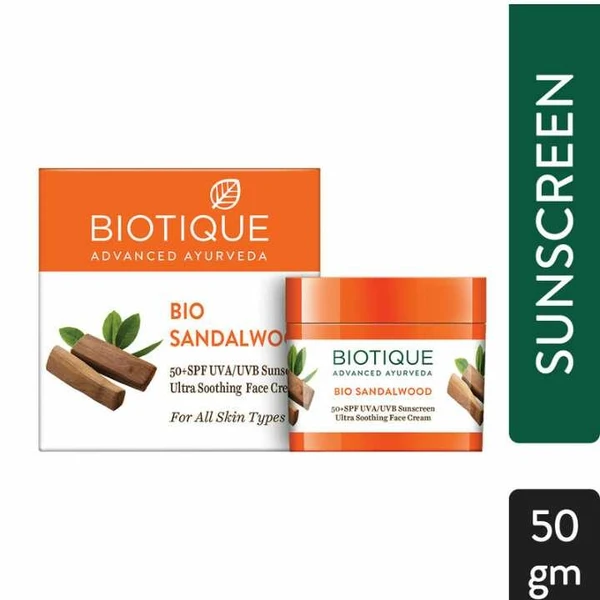 Biotique Bio Sandalwood Face & Body Sun Cream Spf 50 Uva/Uvb Sunscreen For All Skin Types In The Sun Very Water Resistant, 50gm