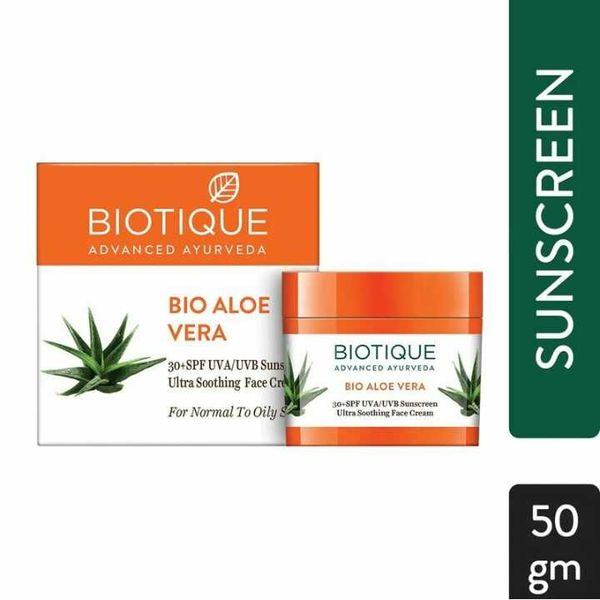 Biotique Sun Cream Alo Cream Biotique Bio Aloe Vera 30+SPF UVA/UVB Sunscreen Ultra Soothing Face Cream Normal To Oily Skin In The Sun, 50 g