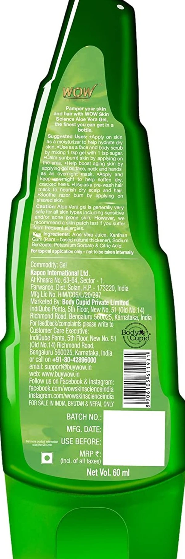 WOW Skin Science 99% Pure Aloe Vera Gel - Ultimate for Skin and Hair - - WOW Skin Science 99% Pure Aloe Vera Gel - Ultimate for Skin and Hair - No Parabens, Silicones, Mineral Oil, Color, Synthetic Fragrance- 60mL