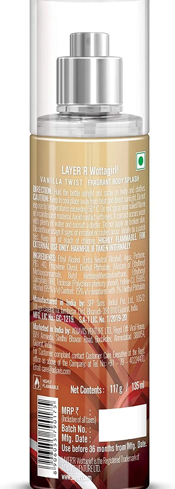 Layer'r Wottagirl Vanilla Twist Body Splash For Women, 135ml