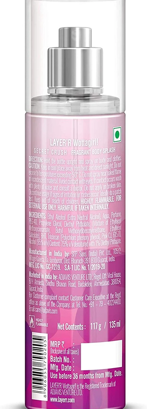 Layer'r Wottagirl Secret Crush Body Splash For Women, 135ml