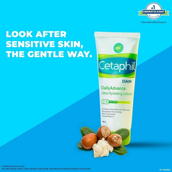 Cetaphil Daily Advance Ultra Hydrating Lotion for Dry/Sensitive Skin, Long Lasting Moisturizer for Face & Body, Multi, 100 g