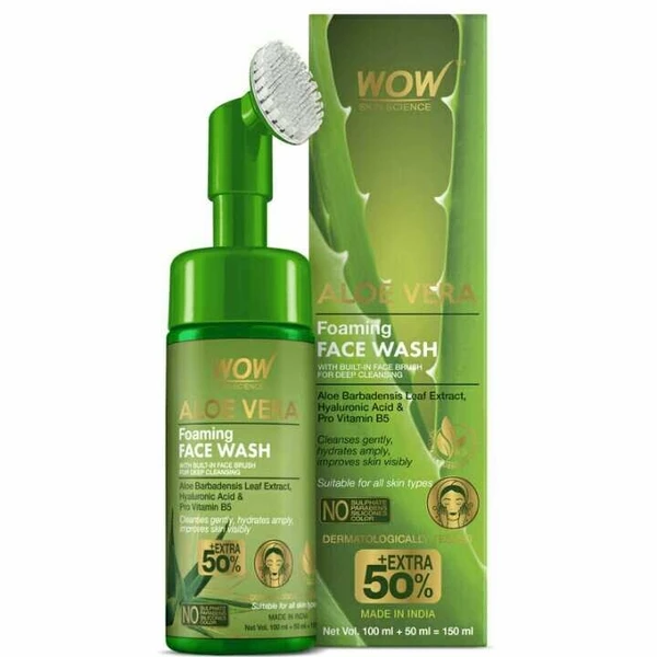 WOW Skin Science Aloe Vera Foaming Face Wash With Built-In Face Brush For Deep Cleansing - No Parabens, Sulphate, Silicones & Color, 150 mL