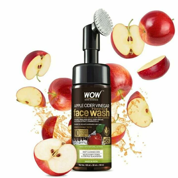 WOW Skin Science Apple Cider Vinegar Foaming Face Wash - with Organic Certified Himalayan Apple Cider Vinegar - No Parabens, Sulphate, Silicones & Color (with Built-in Brush) 150ml