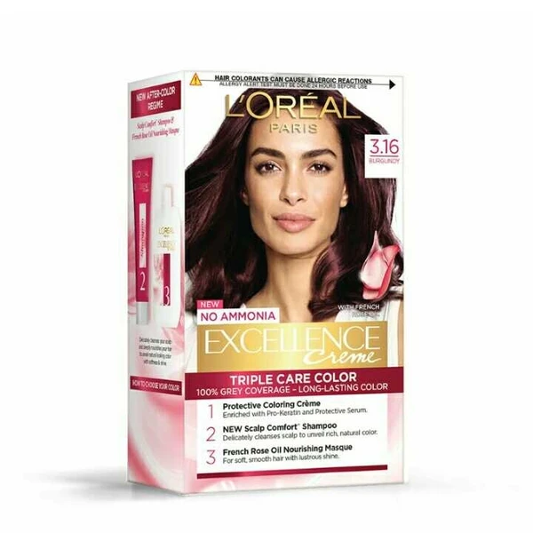 L'Oreal Paris Excellence Creme Hair Color, 3.16 Burgundy, 72ml+100g