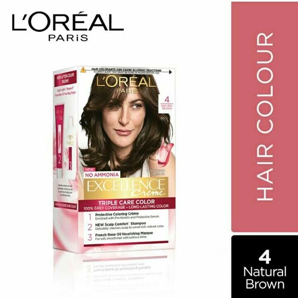 L'Oreal Paris Excellence Creme Hair Color, 4 Natural Brown 72ml+100g