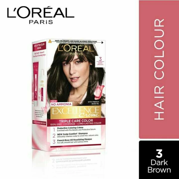 L'Oreal Paris Excellence Creme Hair Color, 3 Dark Brown, 72ml+100g