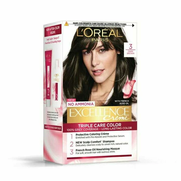 L'Oreal Paris Excellence Creme Hair Color, 3 Dark Brown, 72ml+100g