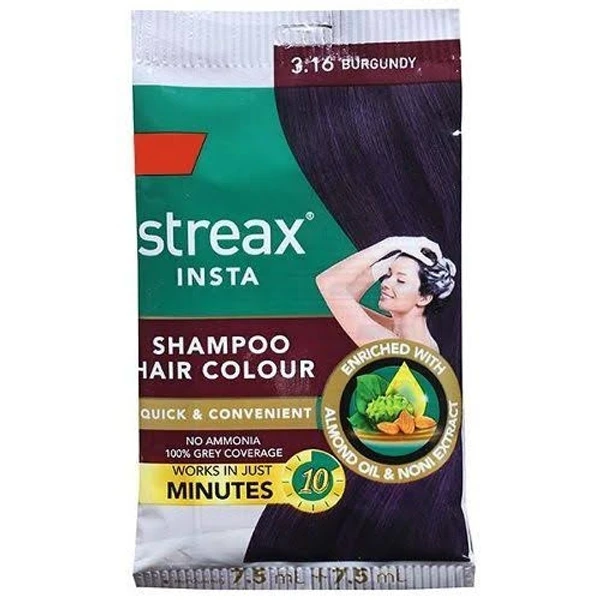 Streax Insta Shampoo Hair Colour for Men & Women | Enriched with Almond Oil & Noni Extracts Burgundy Streax Insta Shampoo Hair Color burgundy | Pack of 8-15 ml Each