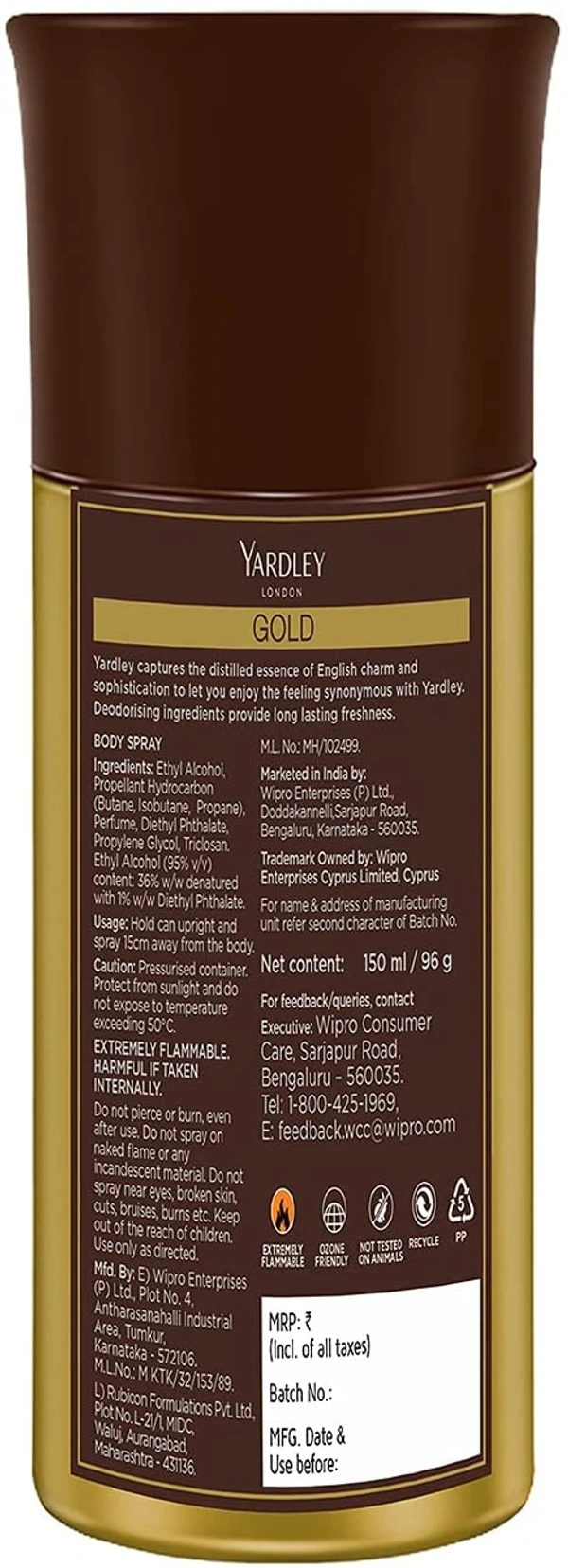 Yardley London Gold Deo Body Spray for Men, 150ml