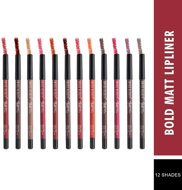 Swiss Beauty Lipliner Swiss Beauty Bold Matte Lipliner Pencil, Multi Color, (1.8g * 12) Pack of 12