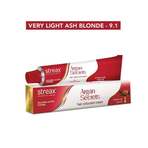 Streax Professional Argan Secrets Hair Colourant Cream - Very Light Ash Blonde 9.1 (60gm)