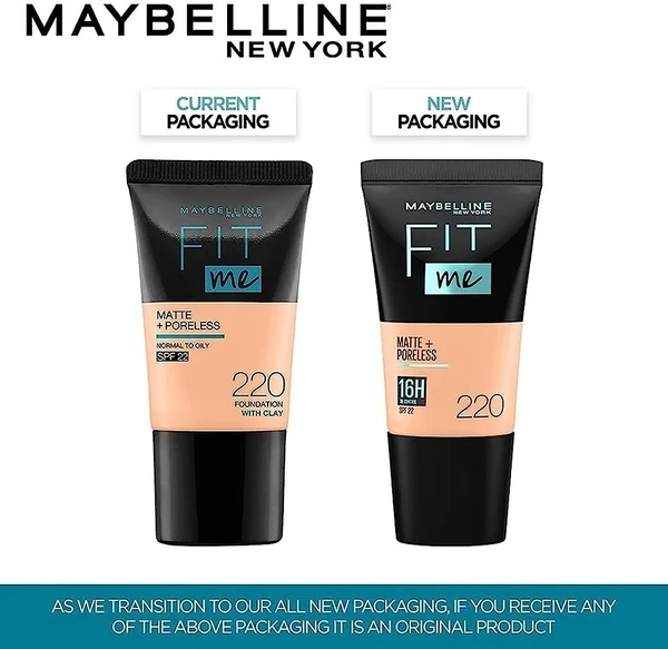 Maybelline New York Liquid Foundation, Matte & Poreless, Full Coverage Blendable Normal to Oily Skin, Fit Me, 220 Natural Beige, 18ml