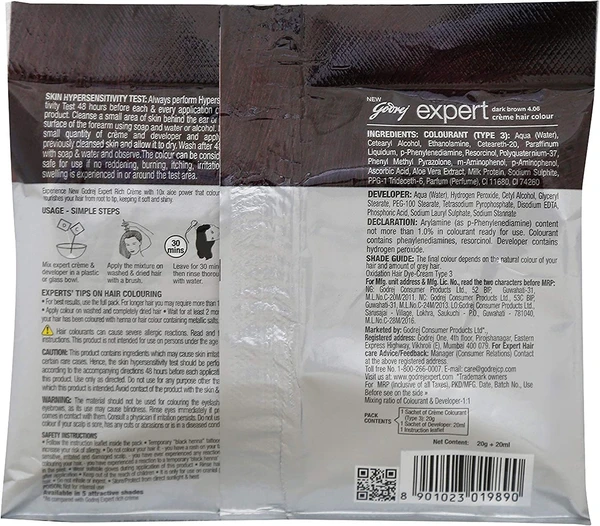 Godrej Ezee Expert Hair Colour Cream, Dark Brown 4.06, 20g