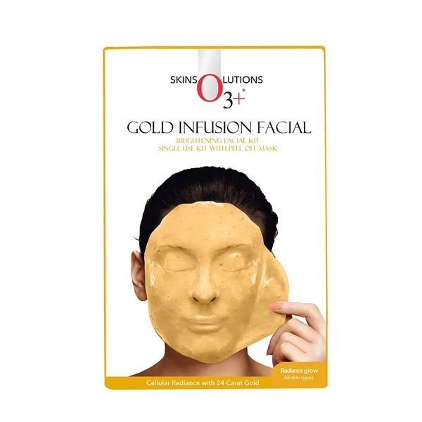 o3+ O3+ Gold Infusion Facial Brightening Facial Kit with Peel off Mask | Cellular Radiance with 24 Carat Gold | Radiance Glow for All Skin Types, 45 gm