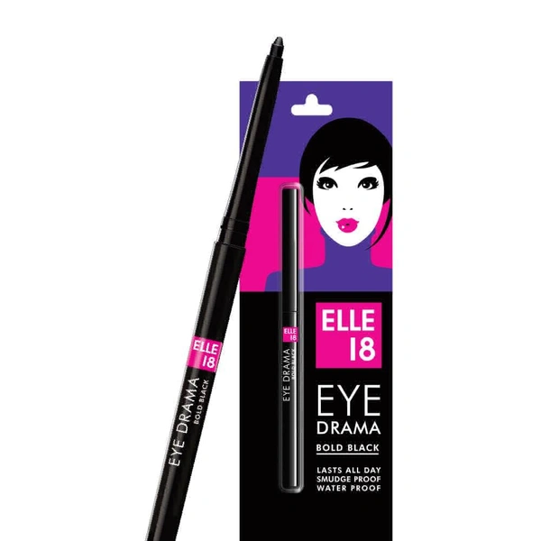 Elle 18 Eye Drama Kajal, Super Black, Smudgeproof & Waterproof, 0.35 g