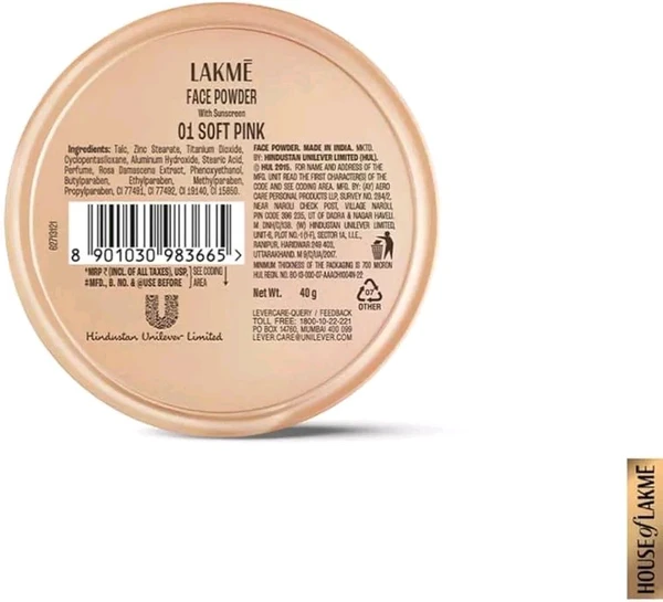 Lakmé Rose Face Powder With Sunscreen, Soft Pink, 40 g