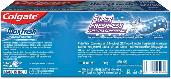 Colgate MaxFresh Toothpaste, Blue Gel Paste with Menthol for Super Fresh Breath, 300g,