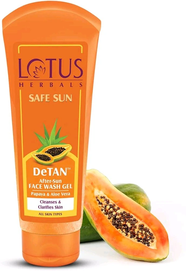 Lotus De Tan Face Wash  Lotus Herbals Safe Sun DeTAN After-Sun Face Wash Gel | Papaya & Aloe Vera 100g
