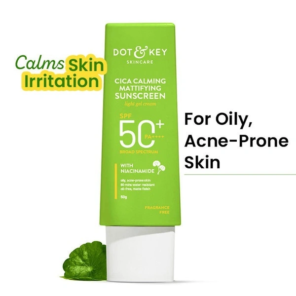 Dot & Key Cica Calming Mattifying Sunscreen Niacinamide SPF 50+ PA++++ For Oily Acne Prone & Sensitive Skin Light Gel Cream (50 g)