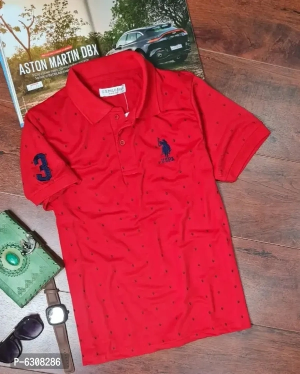 Cotton Blend Printed Polo Tshirt  - Red, Xl