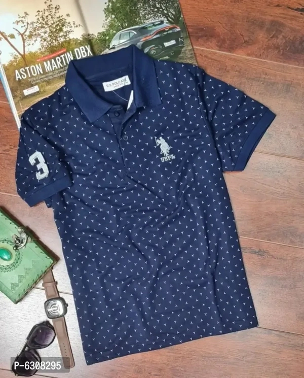 Cotton Blend Printed Polo Tshirt  - Navy Blue, XXL