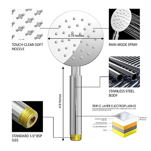 vincent Stainless Steel Hand Shower with 1.5 Meter Shower Hose Pipe & Wall Hook - round