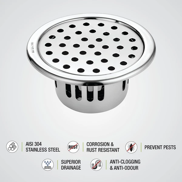 Vincent ® 5 inch (without Hole) Anti- insect & Cockroach and rats Jali/Trap Floor Drain with 304-Grade Stainless Steel (Silver) Suitable For 4 & 5 Ich PVC Pipe - 5 inch without hole